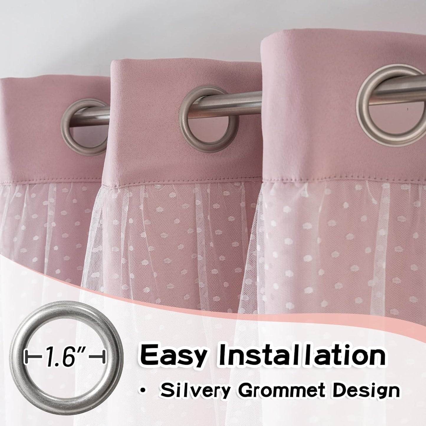 MYSKY HOME Pink Curtains for Girls Bedroom & Nursery Kids Blackout Cute Curtains 63 inch Long Double Layer with Polka Dots Sheer, Grommet Tops, 52" Wide, 2 Panels