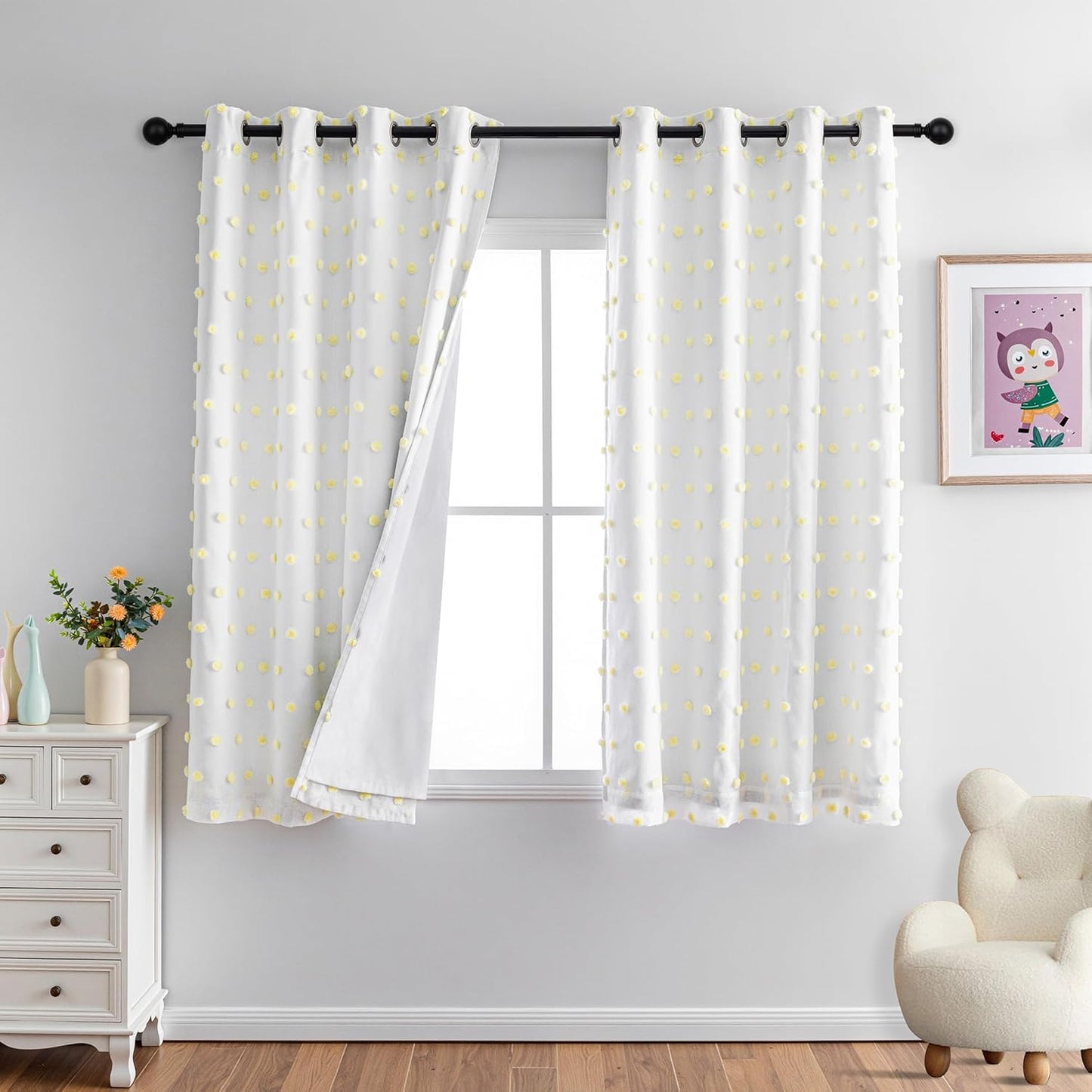 MYSKY HOME 100% Blackout Curtains for Girls Bedroom 84 Inch Long Total Light Blocking Curtains for Living Room 2 Panels Room Darkening Grommet Window Drapes with Pink Pom Pom Sheer 52W x 84L