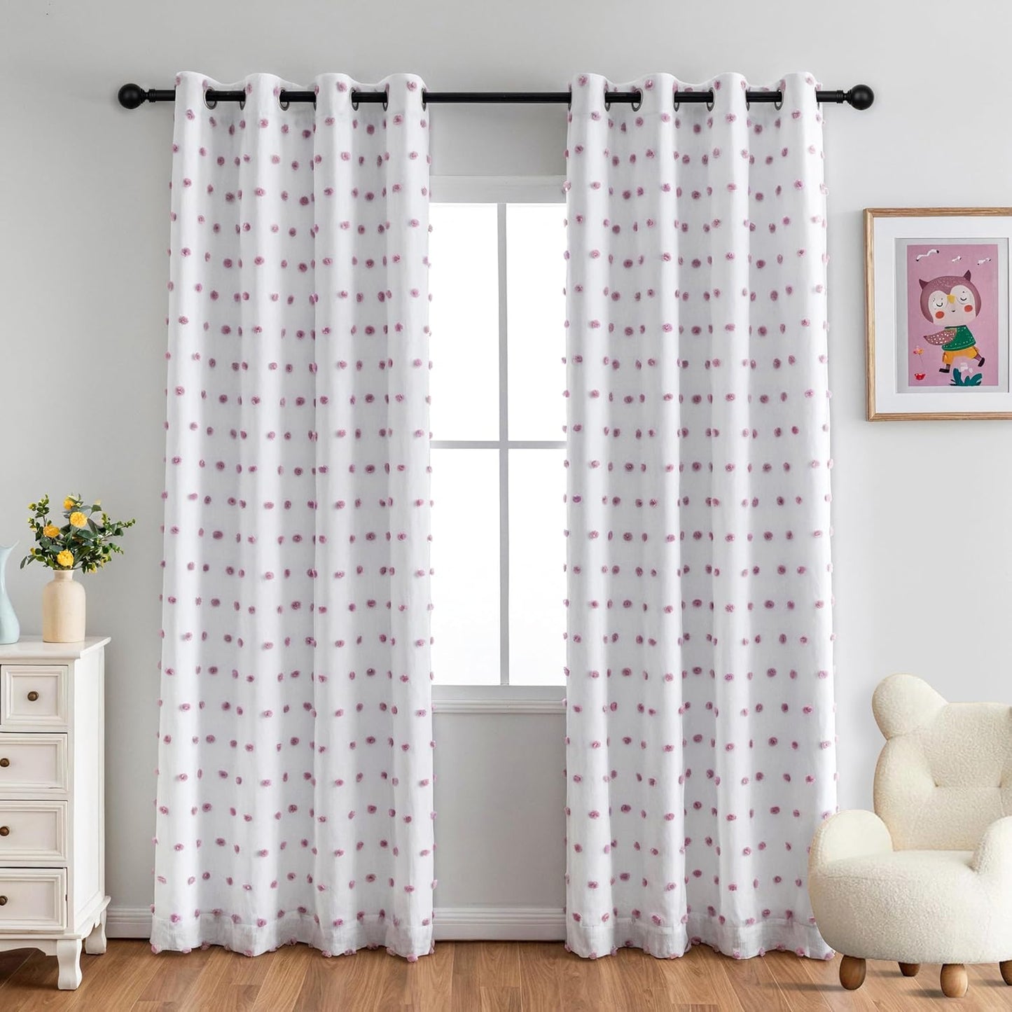 MYSKY HOME 100% Blackout Curtains for Girls Bedroom 84 Inch Long Total Light Blocking Curtains for Living Room 2 Panels Room Darkening Grommet Window Drapes with Pink Pom Pom Sheer 52W x 84L