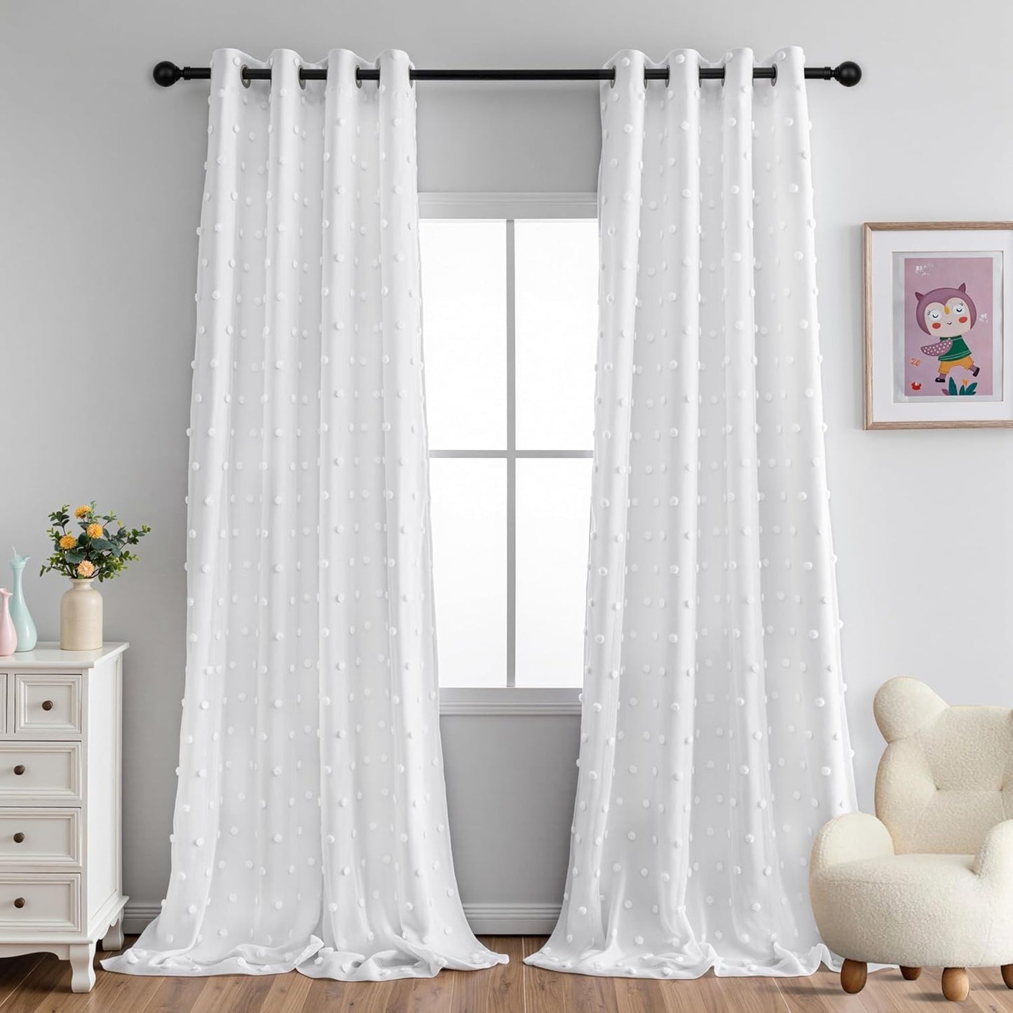 MYSKY HOME 100% Blackout Curtains for Girls Bedroom 84 Inch Long Total Light Blocking Curtains for Living Room 2 Panels Room Darkening Grommet Window Drapes with Pink Pom Pom Sheer 52W x 84L