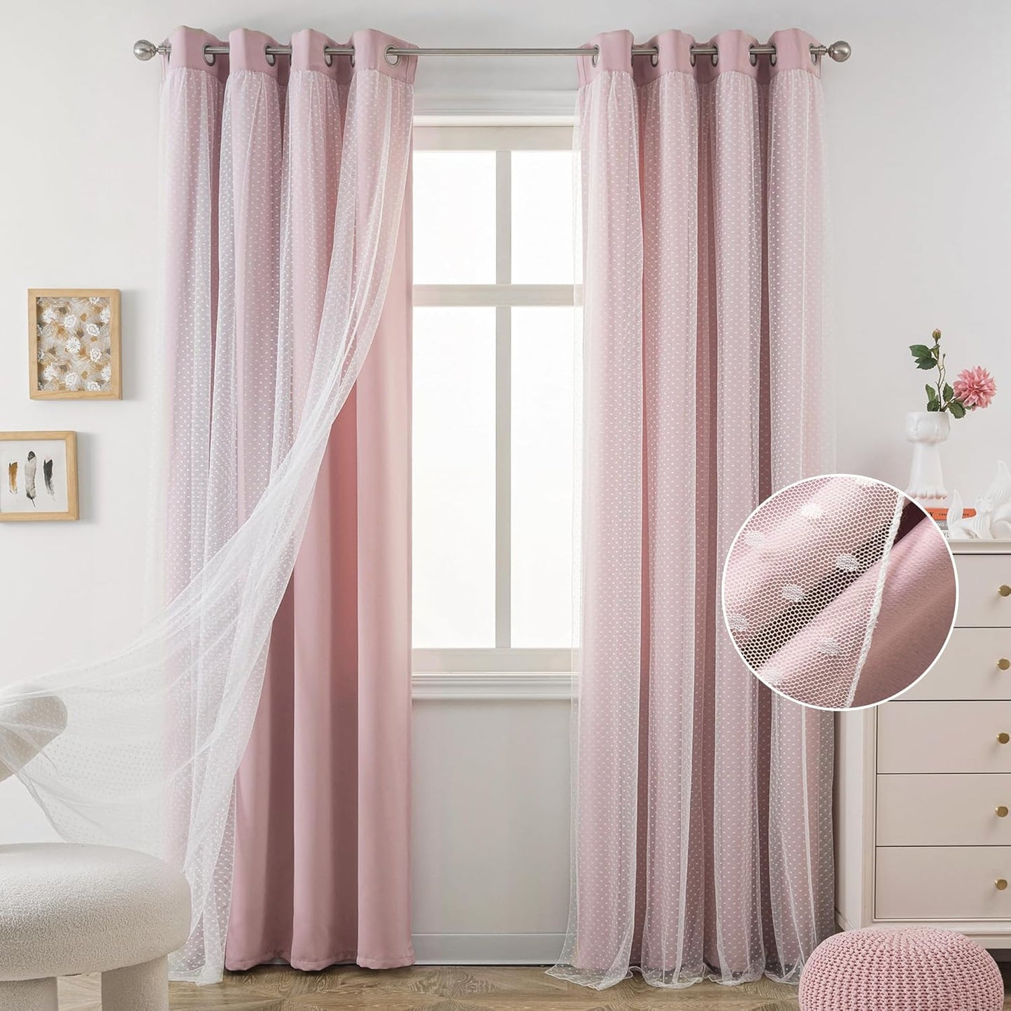 MYSKY HOME Pink Curtains for Girls Bedroom & Nursery Kids Blackout Cute Curtains 63 inch Long Double Layer with Polka Dots Sheer, Grommet Tops, 52" Wide, 2 Panels
