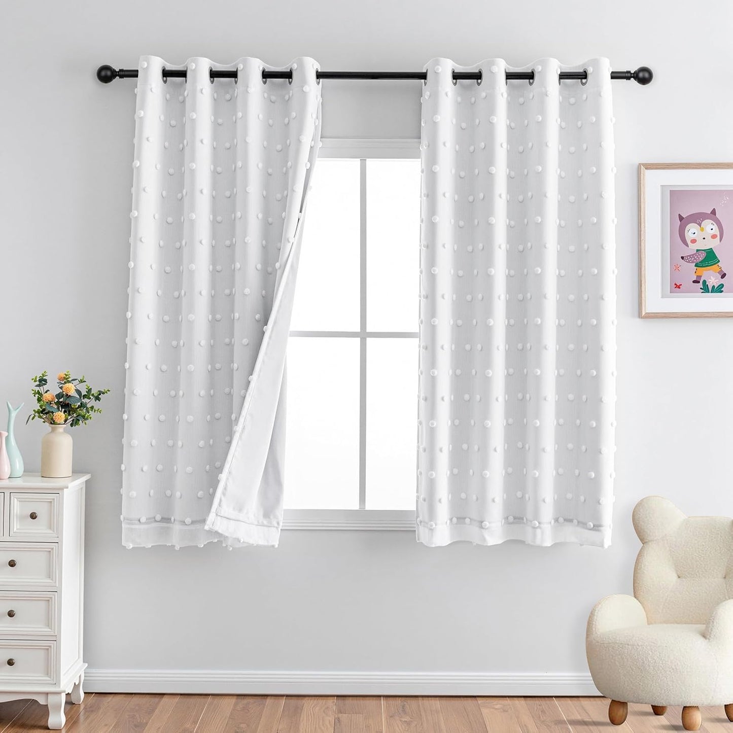 MYSKY HOME 100% Blackout Curtains for Girls Bedroom 84 Inch Long Total Light Blocking Curtains for Living Room 2 Panels Room Darkening Grommet Window Drapes with Pink Pom Pom Sheer 52W x 84L