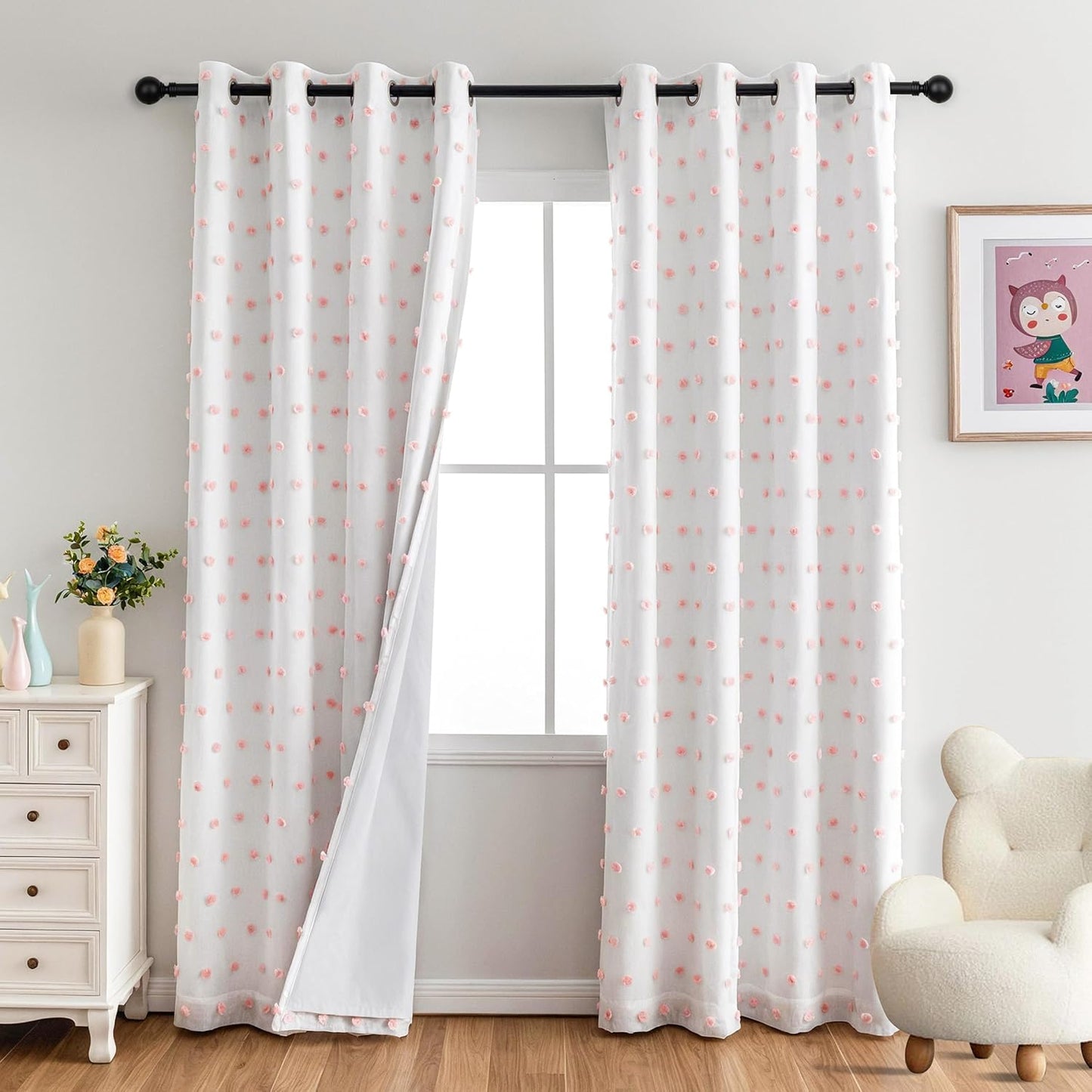 MYSKY HOME 100% Blackout Curtains for Girls Bedroom 84 Inch Long Total Light Blocking Curtains for Living Room 2 Panels Room Darkening Grommet Window Drapes with Pink Pom Pom Sheer 52W x 84L