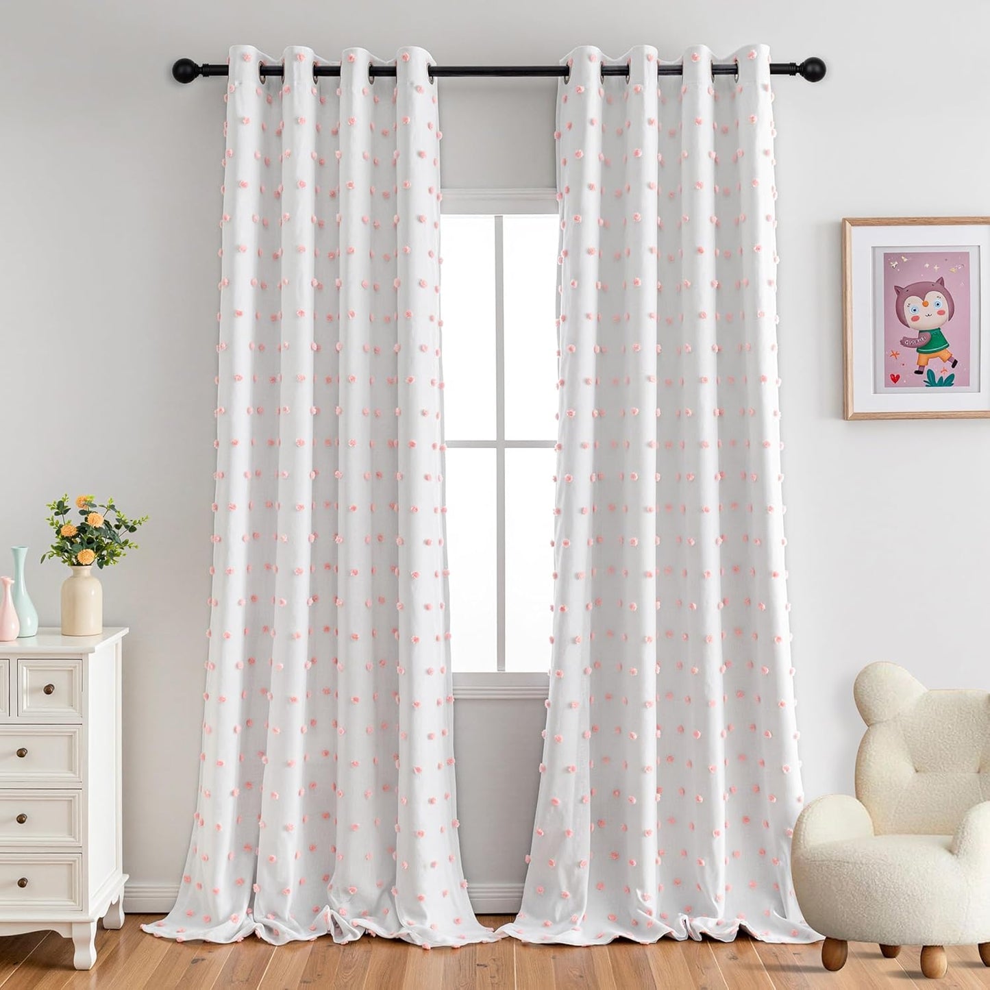 MYSKY HOME 100% Blackout Curtains for Girls Bedroom 84 Inch Long Total Light Blocking Curtains for Living Room 2 Panels Room Darkening Grommet Window Drapes with Pink Pom Pom Sheer 52W x 84L