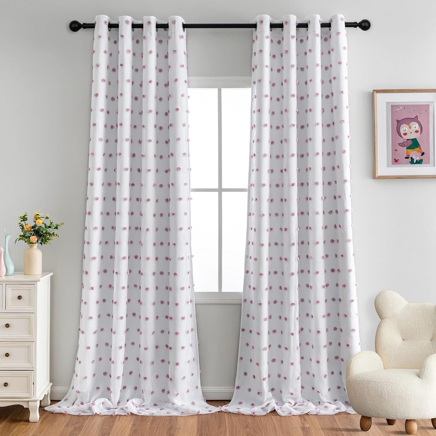 MYSKY HOME 100% Blackout Curtains for Girls Bedroom 84 Inch Long Total Light Blocking Curtains for Living Room 2 Panels Room Darkening Grommet Window Drapes with Pink Pom Pom Sheer 52W x 84L