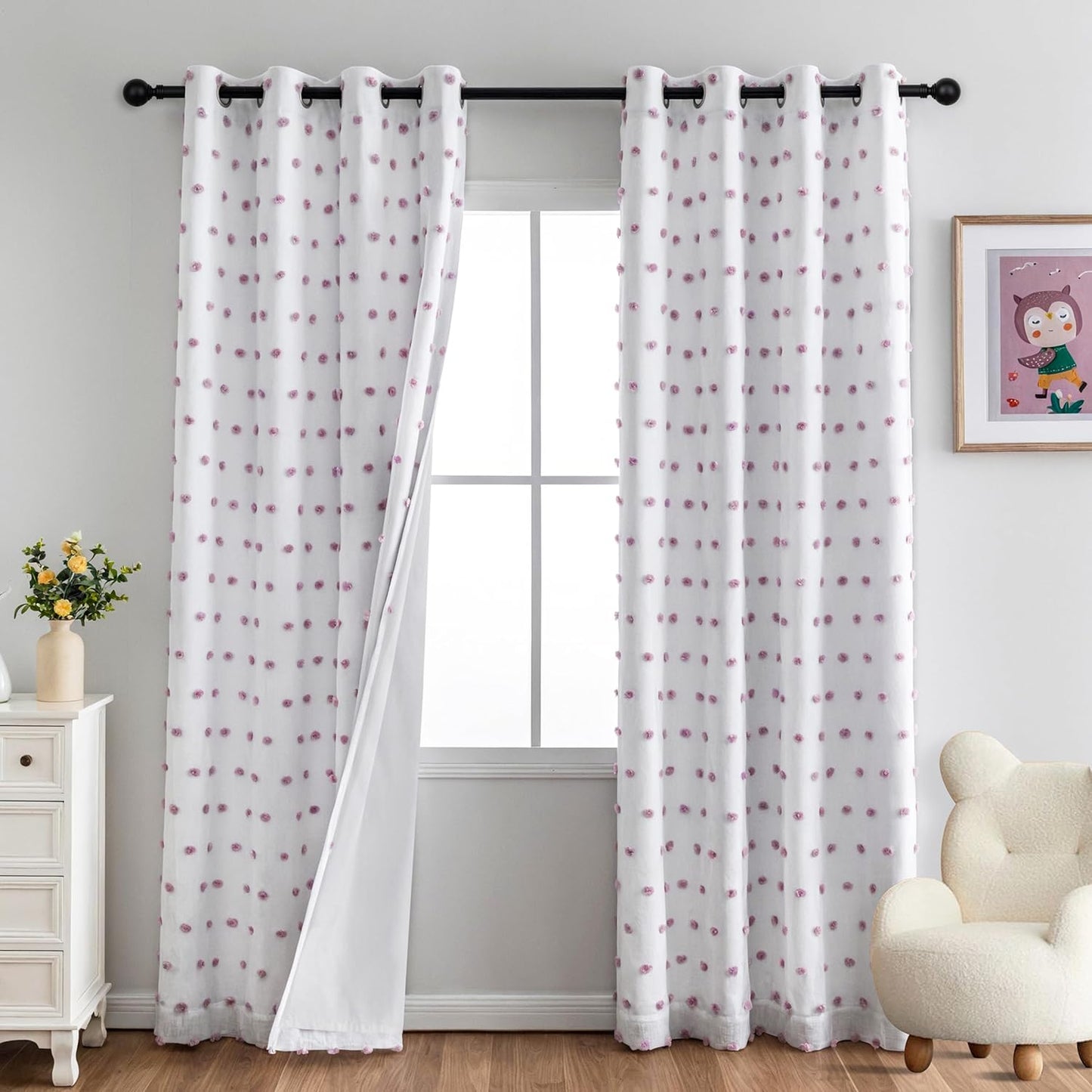MYSKY HOME 100% Blackout Curtains for Girls Bedroom 84 Inch Long Total Light Blocking Curtains for Living Room 2 Panels Room Darkening Grommet Window Drapes with Pink Pom Pom Sheer 52W x 84L