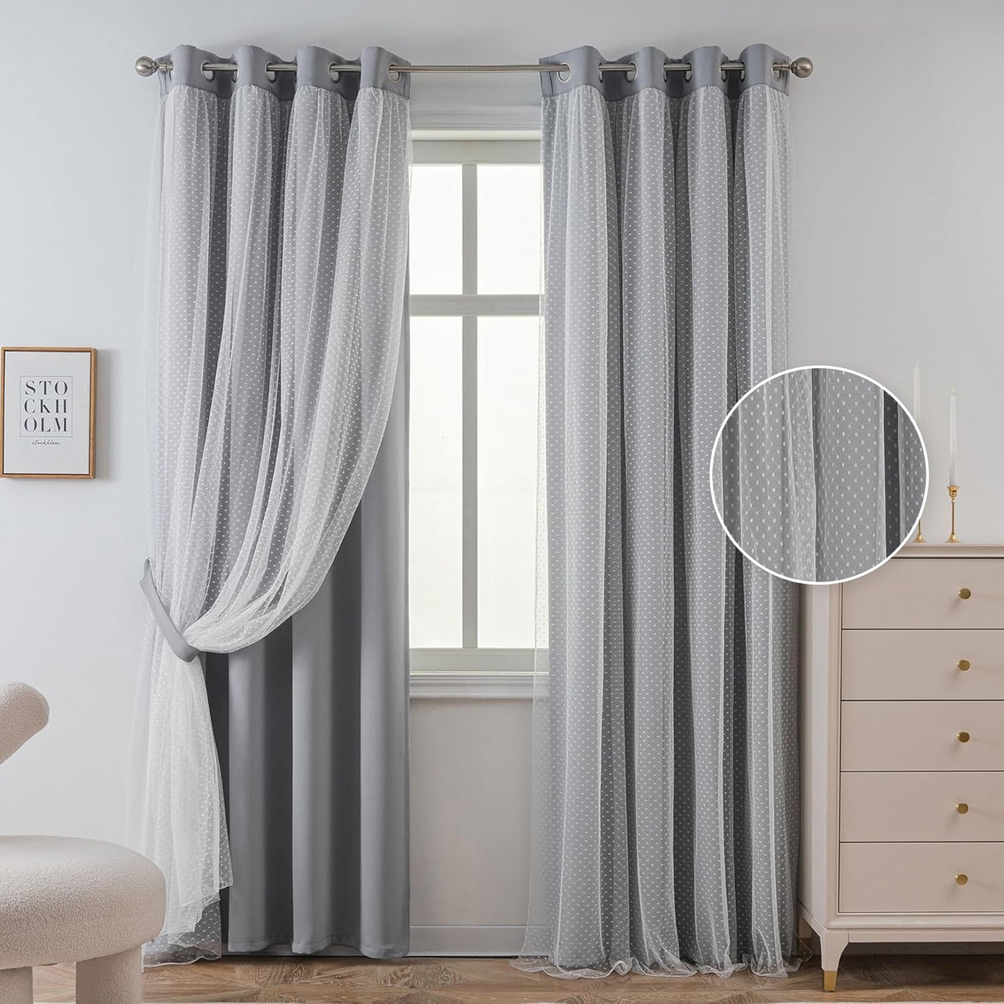 MYSKY HOME Pink Curtains for Girls Bedroom & Nursery Kids Blackout Cute Curtains 63 inch Long Double Layer with Polka Dots Sheer, Grommet Tops, 52" Wide, 2 Panels