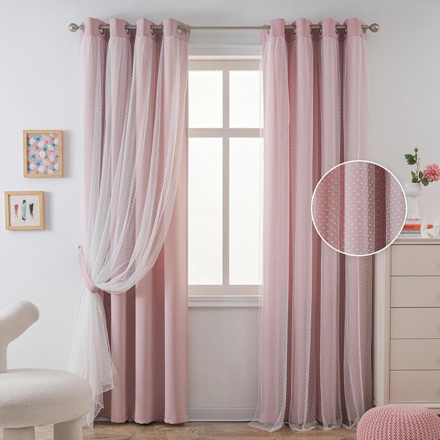 MYSKY HOME Pink Curtains for Girls Bedroom & Nursery Kids Blackout Cute Curtains 63 inch Long Double Layer with Polka Dots Sheer, Grommet Tops, 52" Wide, 2 Panels