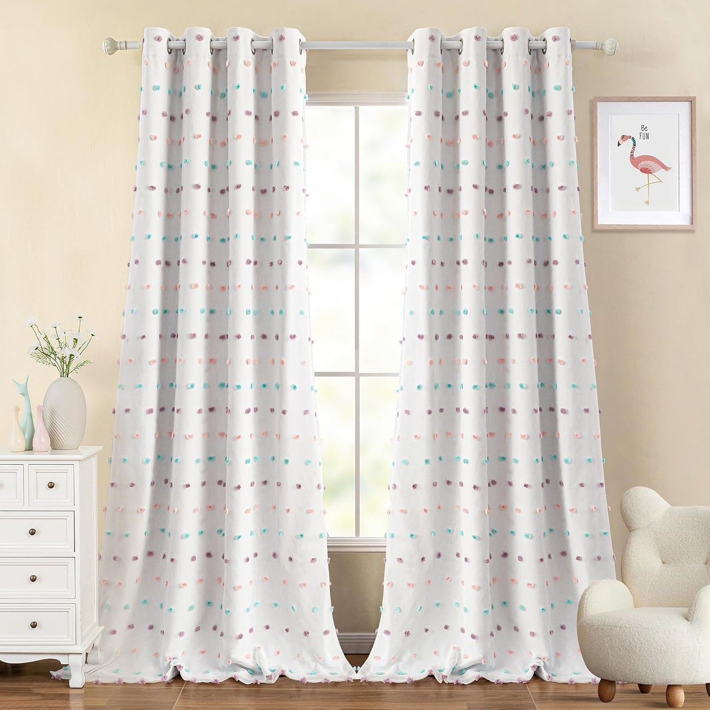 MYSKY HOME 100% Blackout Curtains for Girls Bedroom 84 Inch Long Total Light Blocking Curtains for Living Room 2 Panels Room Darkening Grommet Window Drapes with Pink Pom Pom Sheer 52W x 84L