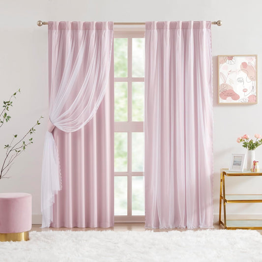 Bujasso Pink Blackout Curtains with Sheer Overlay Mix and Match Double Layer 80% Room Darkening Window Treatment Set for Girls Bedroom Pink Drapes with Tiebacks Rod Pocket Back Tab 37" Wx84 Lx2