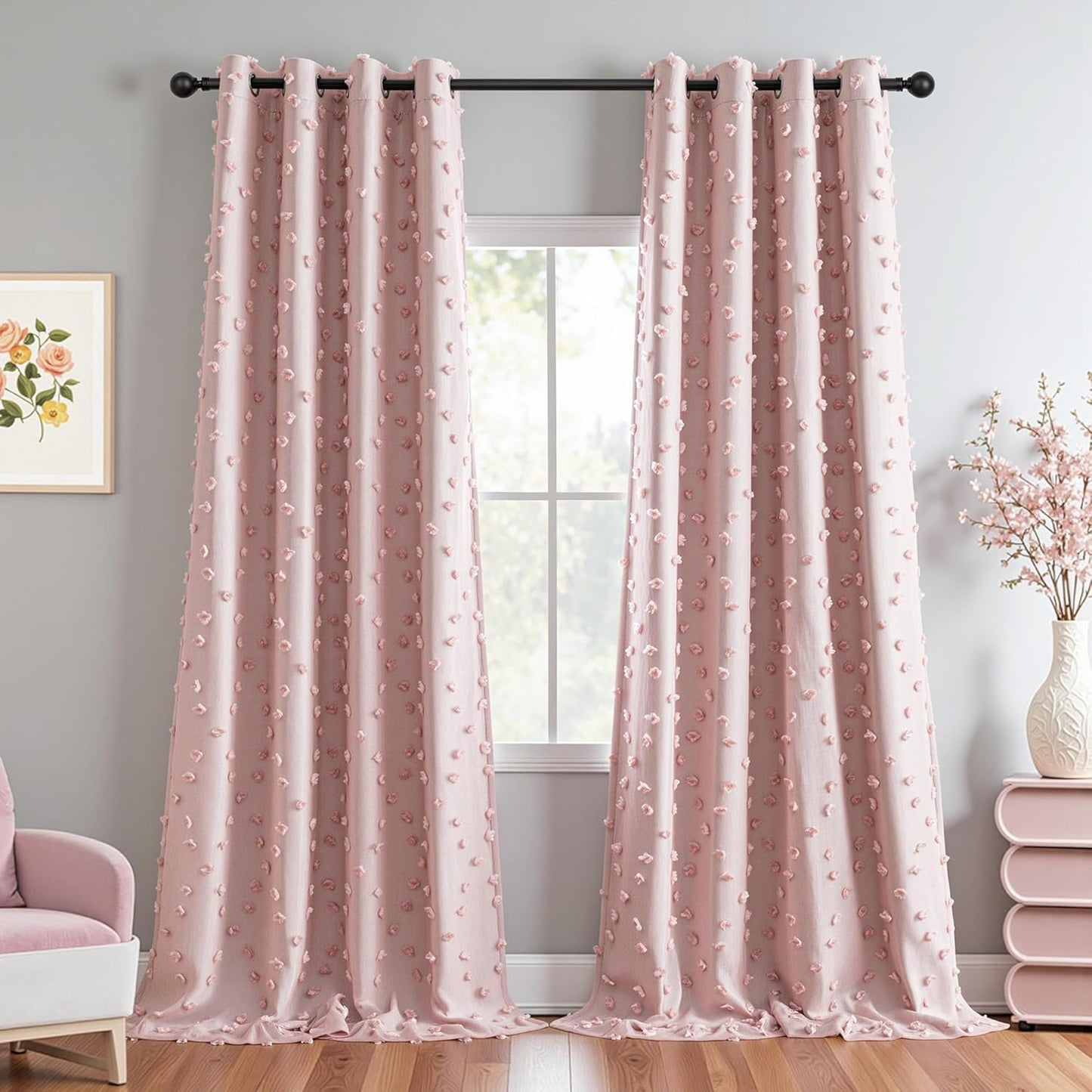 MYSKY HOME 100% Blackout Curtains for Girls Bedroom 84 Inch Long Total Light Blocking Curtains for Living Room 2 Panels Room Darkening Grommet Window Drapes with Pink Pom Pom Sheer 52W x 84L
