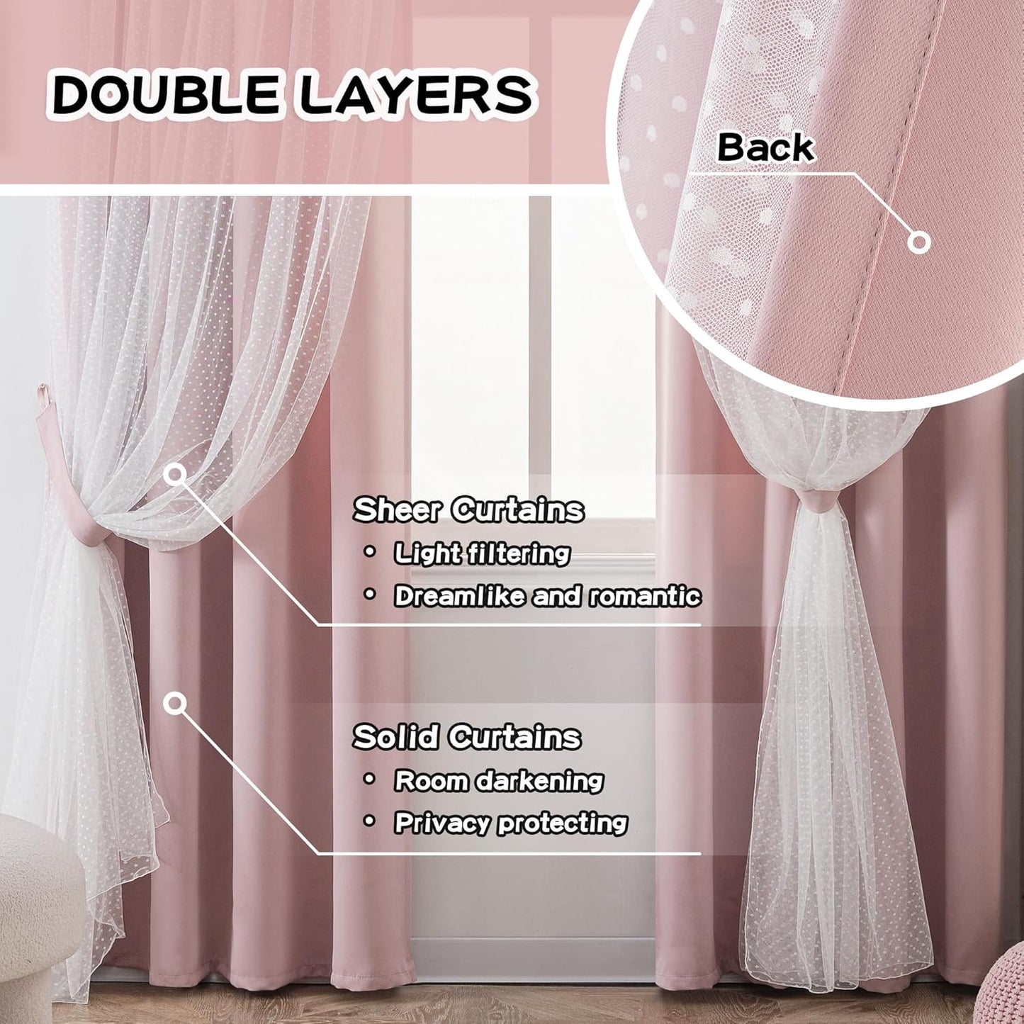 MYSKY HOME Pink Curtains for Girls Bedroom & Nursery Kids Blackout Cute Curtains 63 inch Long Double Layer with Polka Dots Sheer, Grommet Tops, 52" Wide, 2 Panels
