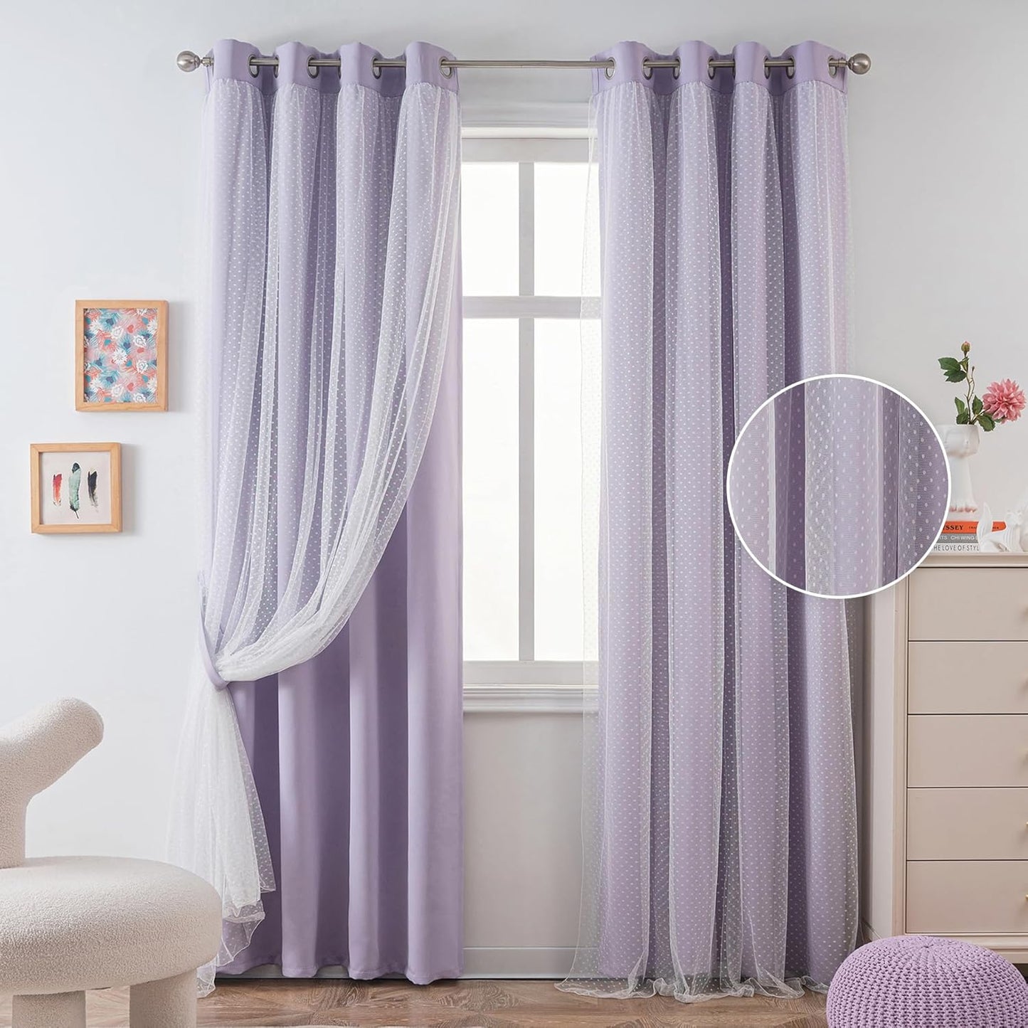 MYSKY HOME Pink Curtains for Girls Bedroom & Nursery Kids Blackout Cute Curtains 63 inch Long Double Layer with Polka Dots Sheer, Grommet Tops, 52" Wide, 2 Panels