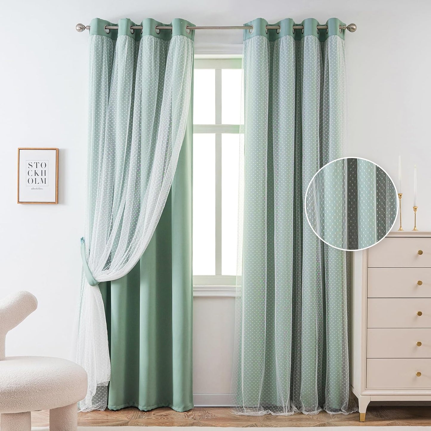 MYSKY HOME Pink Curtains for Girls Bedroom & Nursery Kids Blackout Cute Curtains 63 inch Long Double Layer with Polka Dots Sheer, Grommet Tops, 52" Wide, 2 Panels