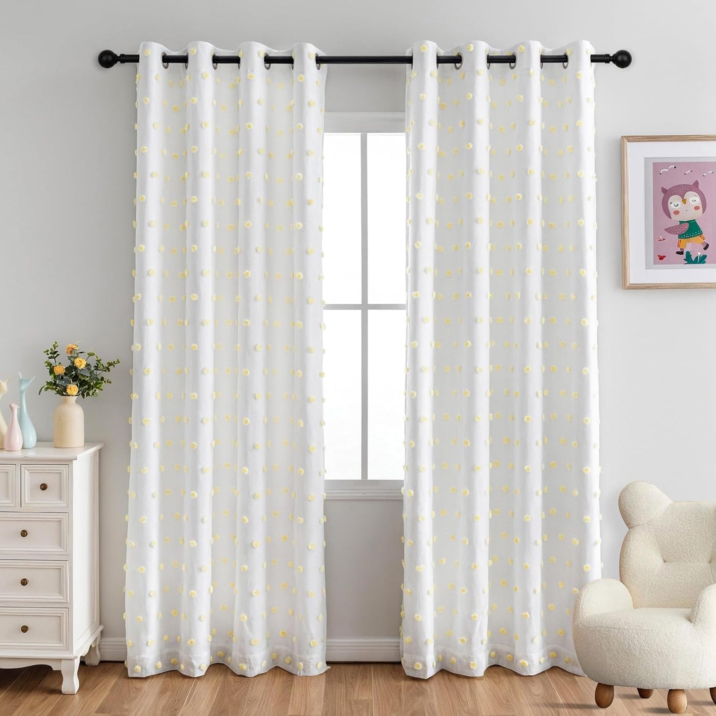 MYSKY HOME 100% Blackout Curtains for Girls Bedroom 84 Inch Long Total Light Blocking Curtains for Living Room 2 Panels Room Darkening Grommet Window Drapes with Pink Pom Pom Sheer 52W x 84L
