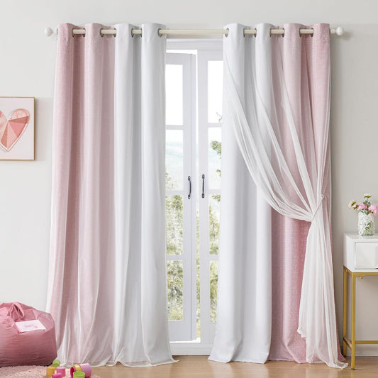 100% Blackout Curtains with Sheer Overlay Mix and Match Double Layer Drapes 84 Inch Long 2 Panels for Bedroom Living Room Pink White Ombre Grommet Window Treatment with Tiebacks