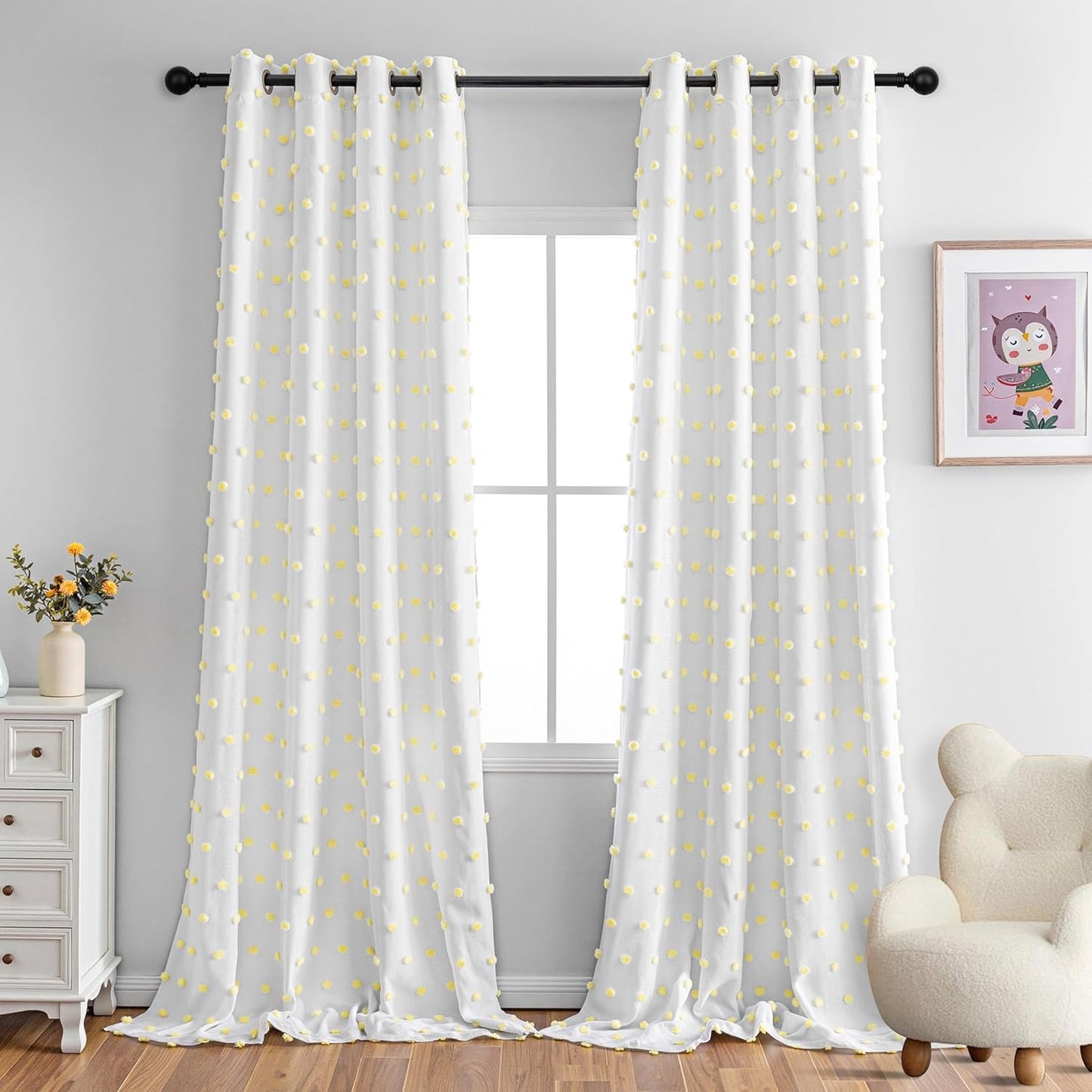 MYSKY HOME 100% Blackout Curtains for Girls Bedroom 84 Inch Long Total Light Blocking Curtains for Living Room 2 Panels Room Darkening Grommet Window Drapes with Pink Pom Pom Sheer 52W x 84L