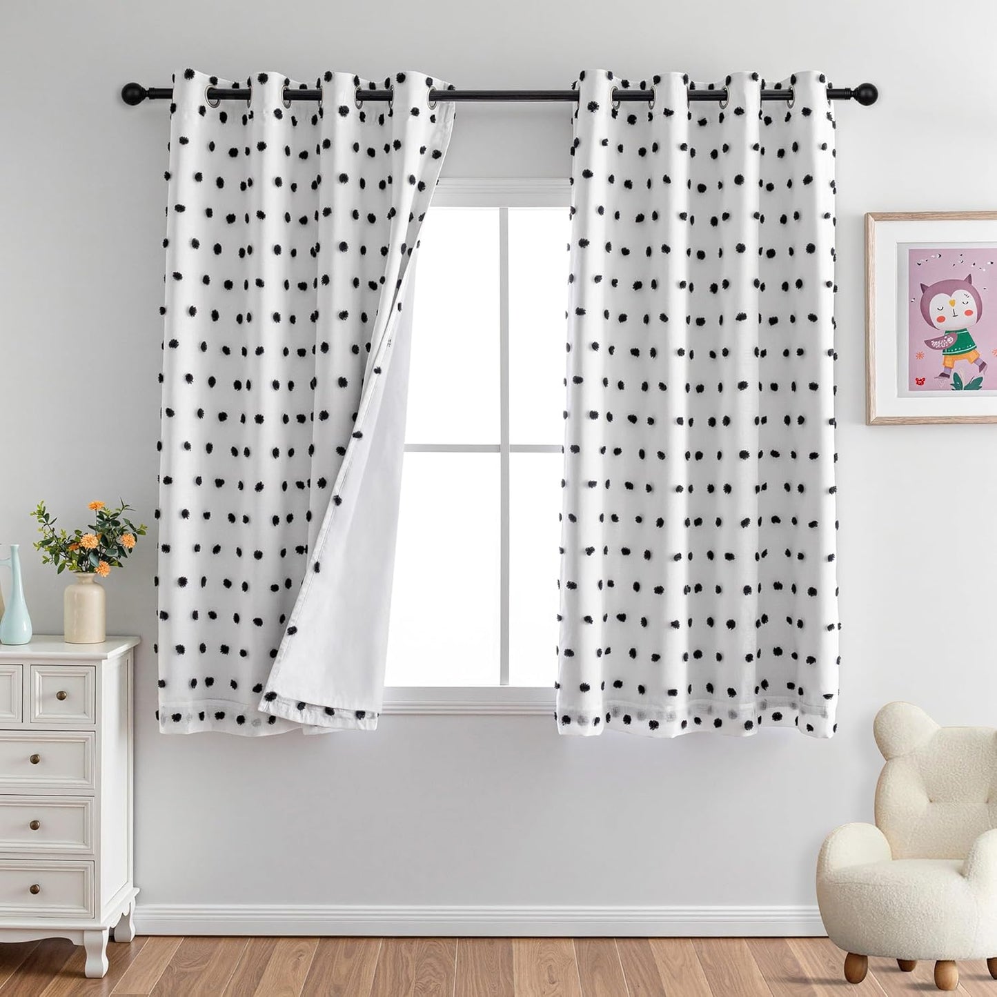 MYSKY HOME 100% Blackout Curtains for Girls Bedroom 84 Inch Long Total Light Blocking Curtains for Living Room 2 Panels Room Darkening Grommet Window Drapes with Pink Pom Pom Sheer 52W x 84L