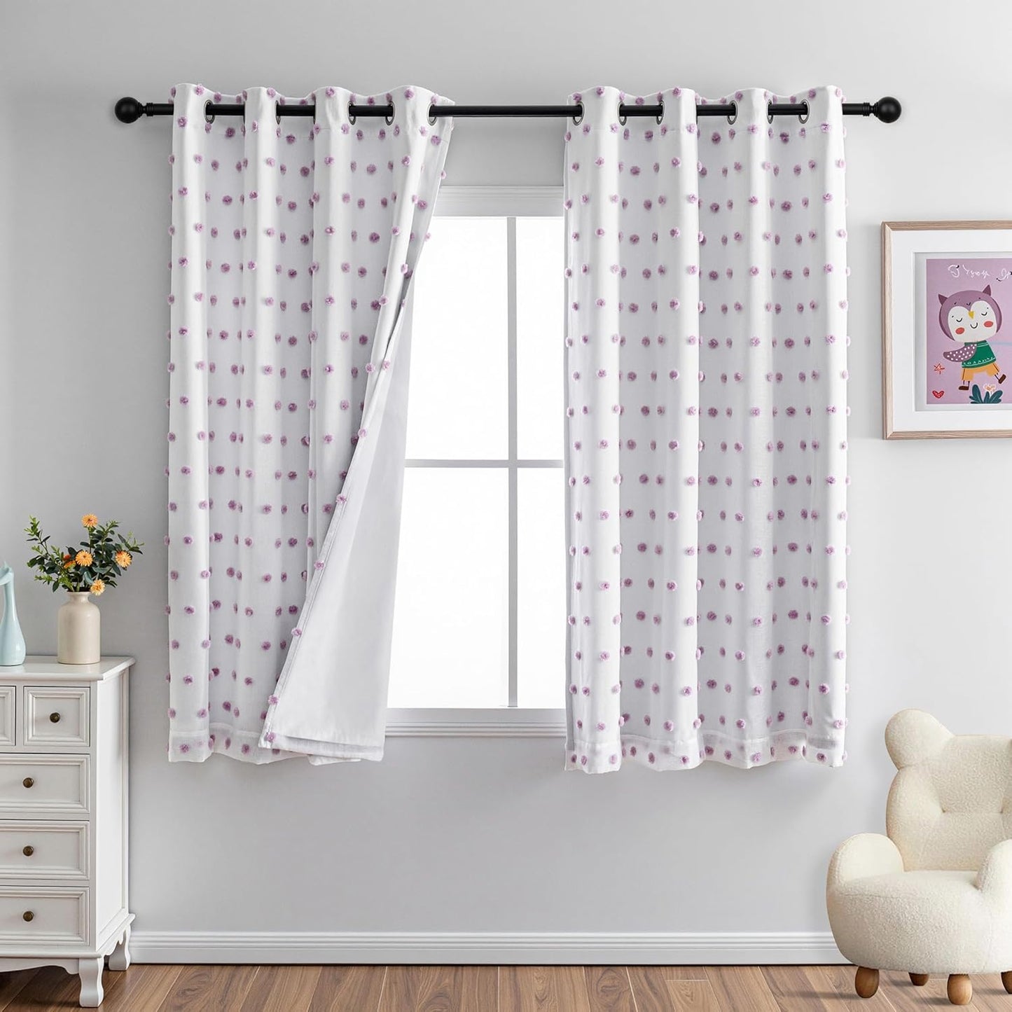 MYSKY HOME 100% Blackout Curtains for Girls Bedroom 84 Inch Long Total Light Blocking Curtains for Living Room 2 Panels Room Darkening Grommet Window Drapes with Pink Pom Pom Sheer 52W x 84L