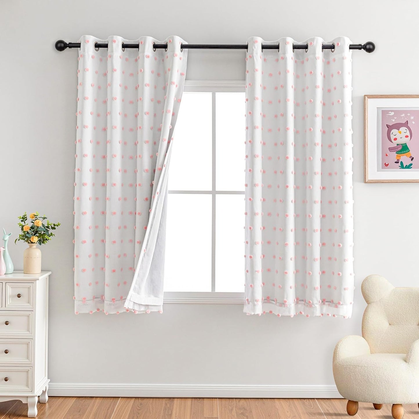 MYSKY HOME 100% Blackout Curtains for Girls Bedroom 84 Inch Long Total Light Blocking Curtains for Living Room 2 Panels Room Darkening Grommet Window Drapes with Pink Pom Pom Sheer 52W x 84L