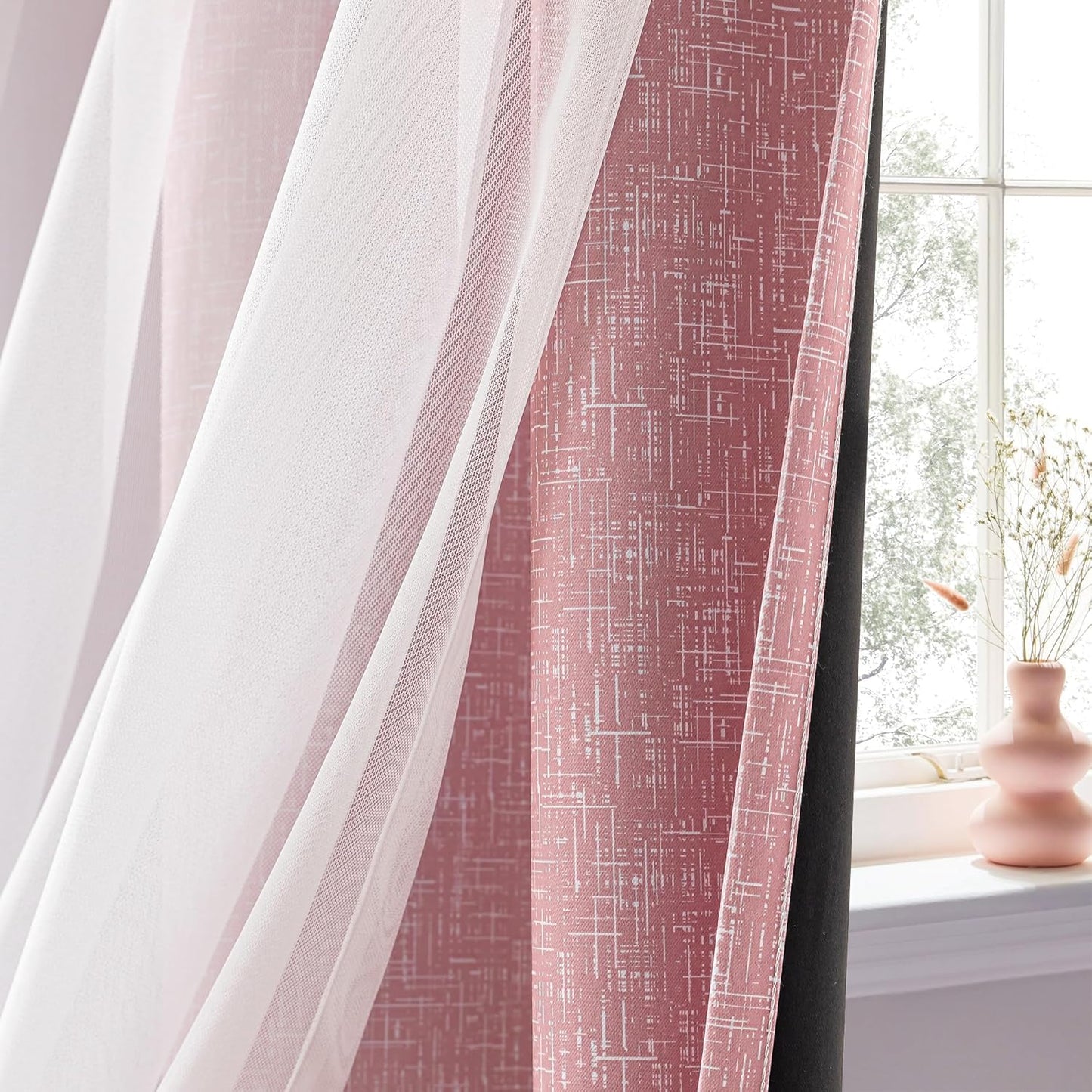 100% Blackout Curtains with Sheer Overlay Mix and Match Double Layer Drapes 84 Inch Long 2 Panels for Bedroom Living Room Pink White Ombre Grommet Window Treatment with Tiebacks